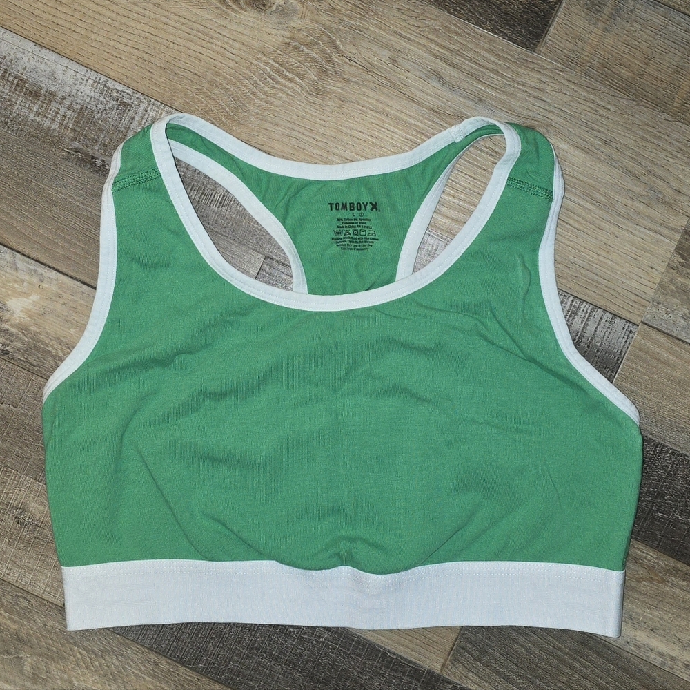 Tomboy X Women's Racerback Sports Bra Size Large Vibrant Green & White NWOT